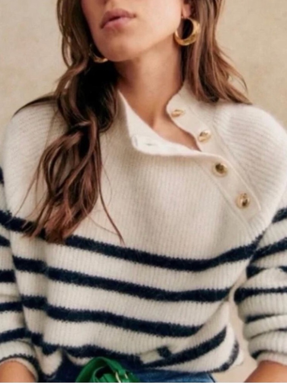 Sezane Trudy Cream Sweater with navy Stripes and Gold Shoulder Buttons